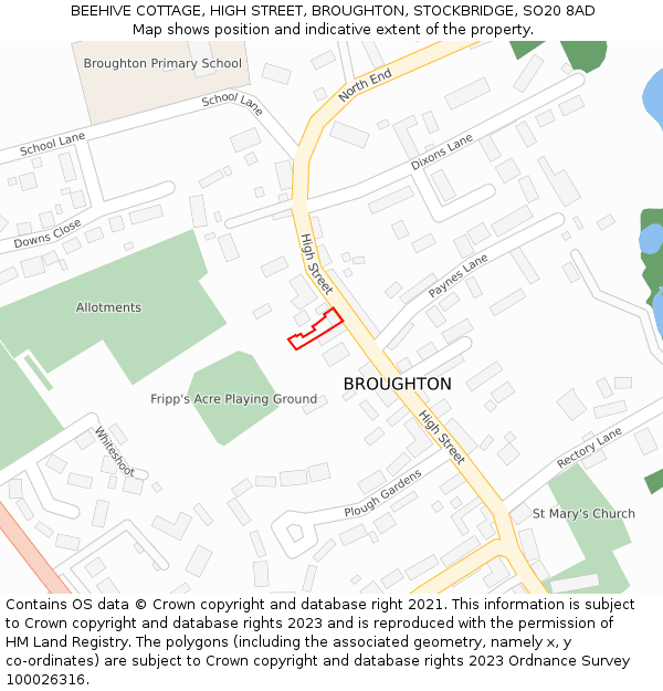 BEEHIVE COTTAGE, HIGH STREET, BROUGHTON, STOCKBRIDGE, SO20 8AD: Location map and indicative extent of plot