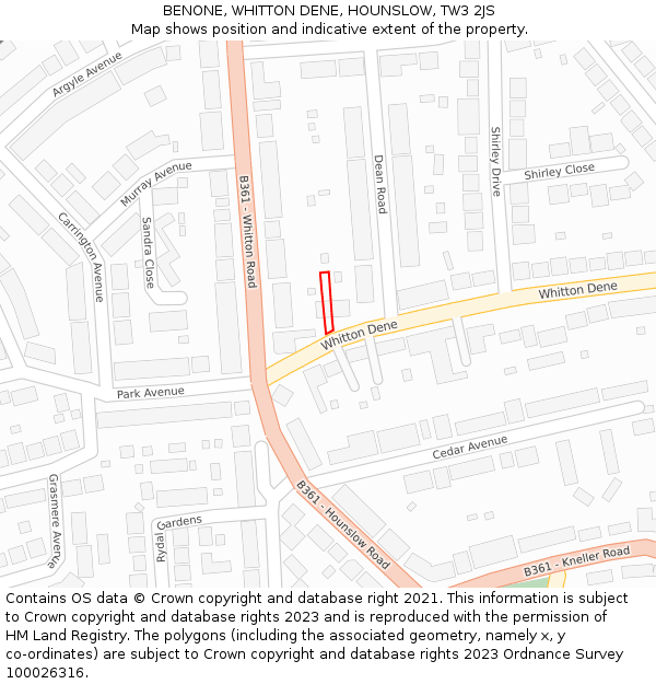 BENONE, WHITTON DENE, HOUNSLOW, TW3 2JS: Location map and indicative extent of plot