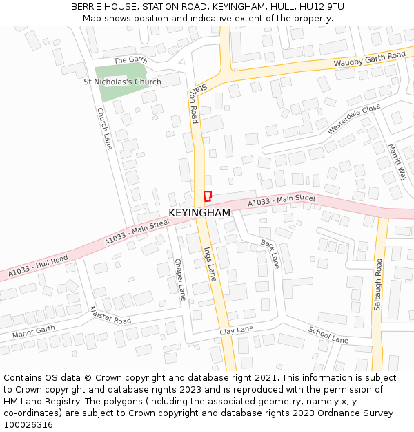 BERRIE HOUSE, STATION ROAD, KEYINGHAM, HULL, HU12 9TU: Location map and indicative extent of plot