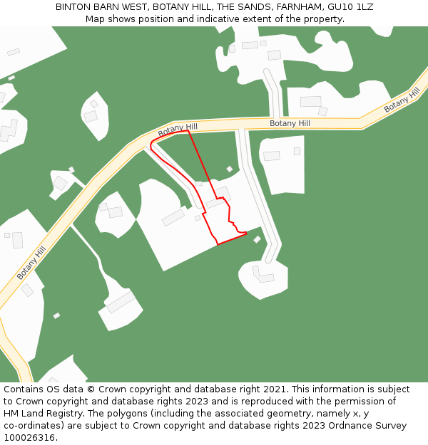 BINTON BARN WEST, BOTANY HILL, THE SANDS, FARNHAM, GU10 1LZ: Location map and indicative extent of plot