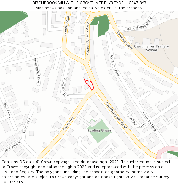 BIRCHBROOK VILLA, THE GROVE, MERTHYR TYDFIL, CF47 8YR: Location map and indicative extent of plot