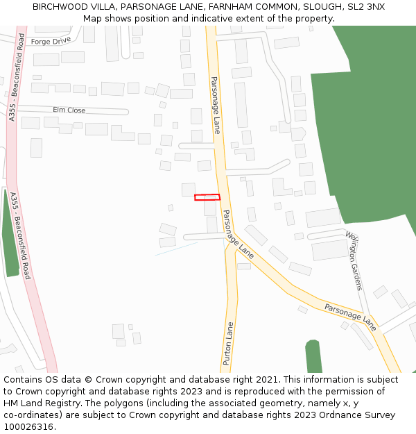 BIRCHWOOD VILLA, PARSONAGE LANE, FARNHAM COMMON, SLOUGH, SL2 3NX: Location map and indicative extent of plot