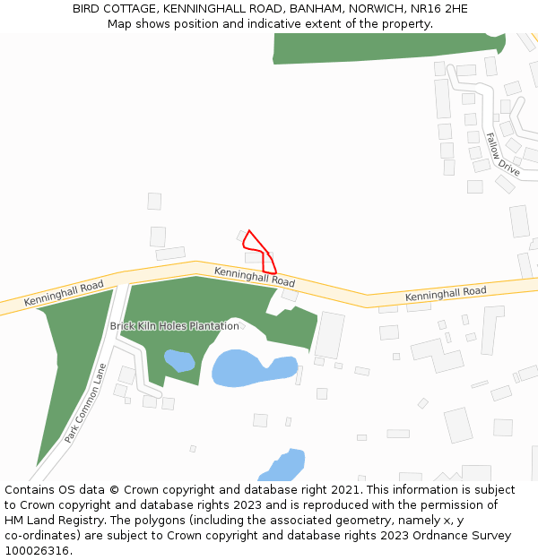 BIRD COTTAGE, KENNINGHALL ROAD, BANHAM, NORWICH, NR16 2HE: Location map and indicative extent of plot