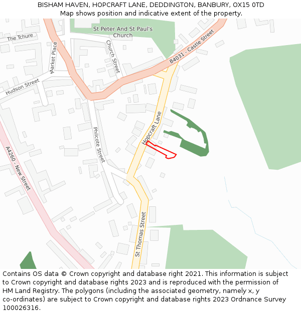 BISHAM HAVEN, HOPCRAFT LANE, DEDDINGTON, BANBURY, OX15 0TD: Location map and indicative extent of plot