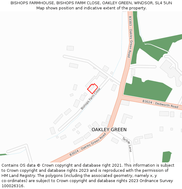 BISHOPS FARMHOUSE, BISHOPS FARM CLOSE, OAKLEY GREEN, WINDSOR, SL4 5UN: Location map and indicative extent of plot