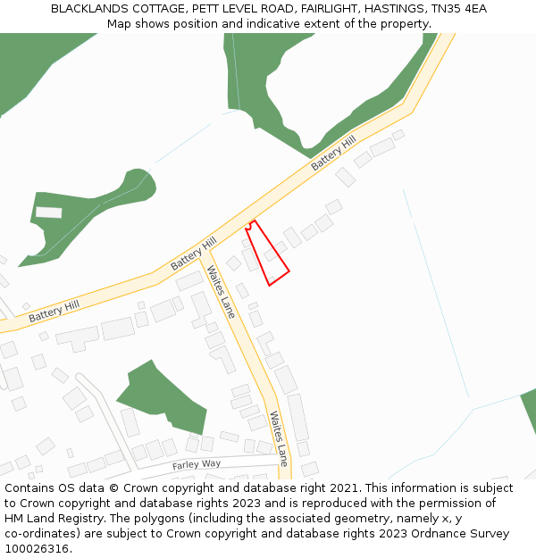 BLACKLANDS COTTAGE, PETT LEVEL ROAD, FAIRLIGHT, HASTINGS, TN35 4EA: Location map and indicative extent of plot