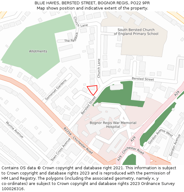BLUE HAYES, BERSTED STREET, BOGNOR REGIS, PO22 9PR: Location map and indicative extent of plot