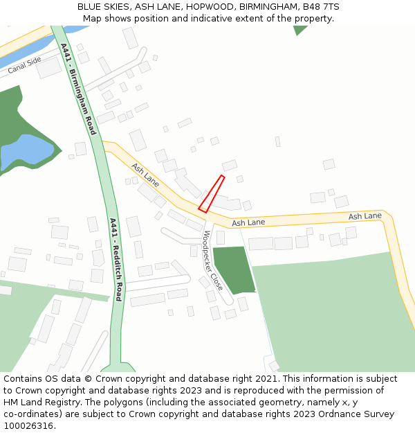 BLUE SKIES, ASH LANE, HOPWOOD, BIRMINGHAM, B48 7TS: Location map and indicative extent of plot