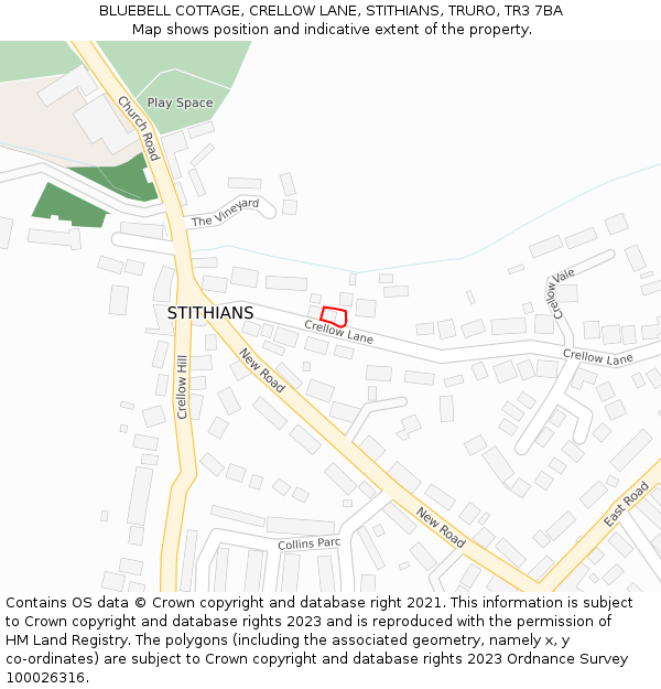 BLUEBELL COTTAGE, CRELLOW LANE, STITHIANS, TRURO, TR3 7BA: Location map and indicative extent of plot