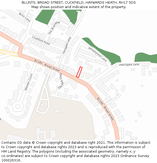 BLUNTS, BROAD STREET, CUCKFIELD, HAYWARDS HEATH, RH17 5DS: Location map and indicative extent of plot