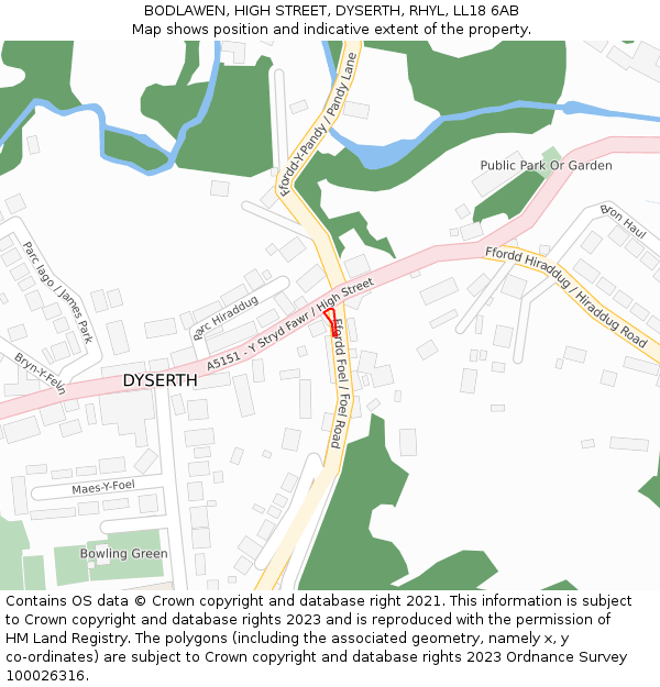 BODLAWEN, HIGH STREET, DYSERTH, RHYL, LL18 6AB: Location map and indicative extent of plot