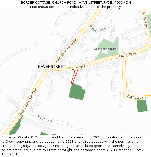 BORDER COTTAGE, CHURCH ROAD, HAVENSTREET, RYDE, PO33 4DN: Location map and indicative extent of plot