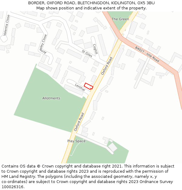 BORDER, OXFORD ROAD, BLETCHINGDON, KIDLINGTON, OX5 3BU: Location map and indicative extent of plot