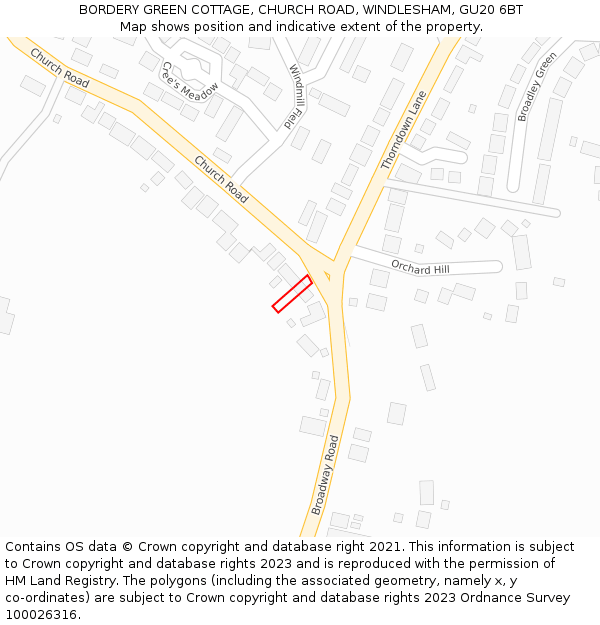 BORDERY GREEN COTTAGE, CHURCH ROAD, WINDLESHAM, GU20 6BT: Location map and indicative extent of plot