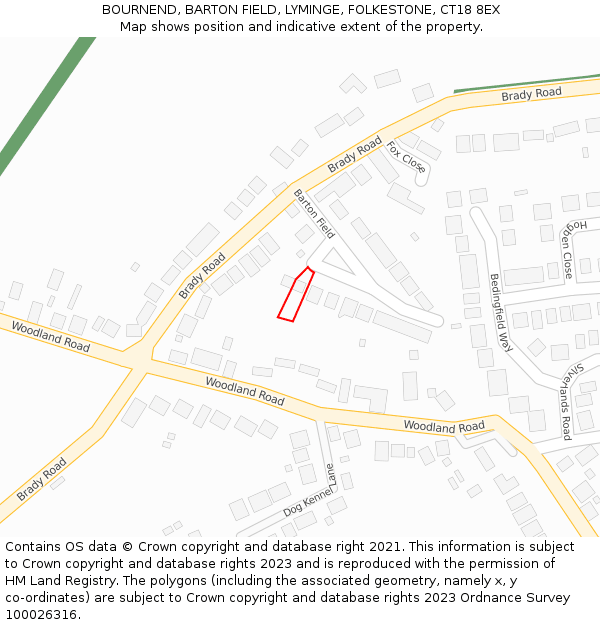 BOURNEND, BARTON FIELD, LYMINGE, FOLKESTONE, CT18 8EX: Location map and indicative extent of plot