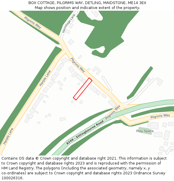 BOX COTTAGE, PILGRIMS WAY, DETLING, MAIDSTONE, ME14 3EX: Location map and indicative extent of plot