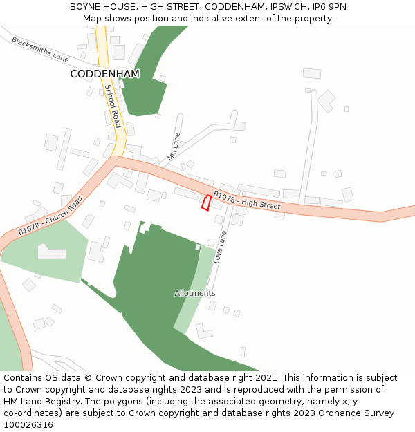 BOYNE HOUSE, HIGH STREET, CODDENHAM, IPSWICH, IP6 9PN: Location map and indicative extent of plot