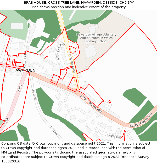 BRAE HOUSE, CROSS TREE LANE, HAWARDEN, DEESIDE, CH5 3PY: Location map and indicative extent of plot
