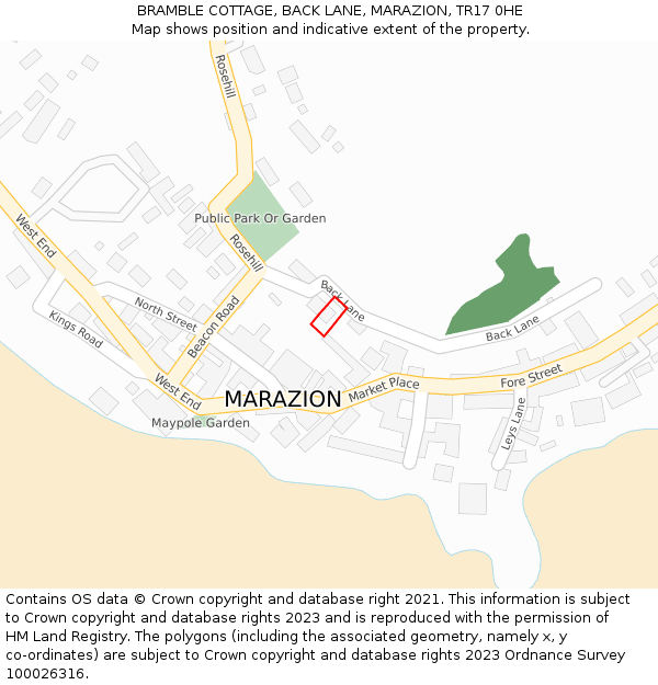 BRAMBLE COTTAGE, BACK LANE, MARAZION, TR17 0HE: Location map and indicative extent of plot