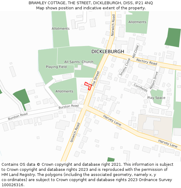 BRAMLEY COTTAGE, THE STREET, DICKLEBURGH, DISS, IP21 4NQ: Location map and indicative extent of plot