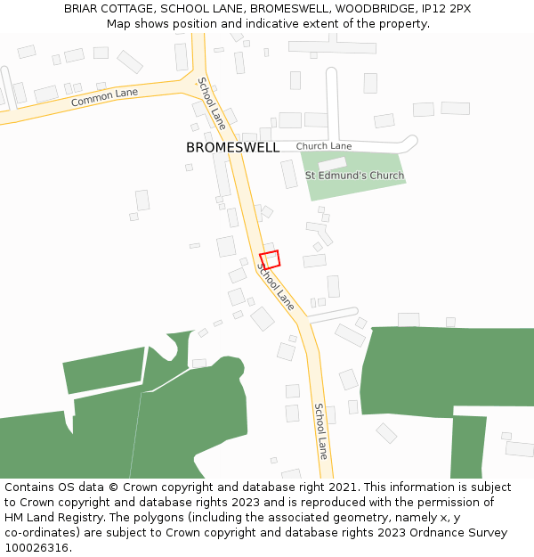 BRIAR COTTAGE, SCHOOL LANE, BROMESWELL, WOODBRIDGE, IP12 2PX: Location map and indicative extent of plot