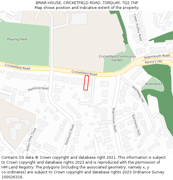 BRIAR HOUSE, CRICKETFIELD ROAD, TORQUAY, TQ2 7NP: Location map and indicative extent of plot