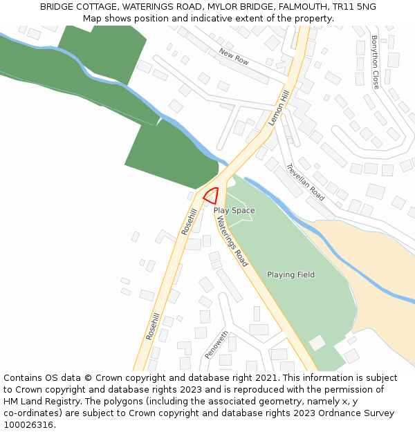 BRIDGE COTTAGE, WATERINGS ROAD, MYLOR BRIDGE, FALMOUTH, TR11 5NG: Location map and indicative extent of plot