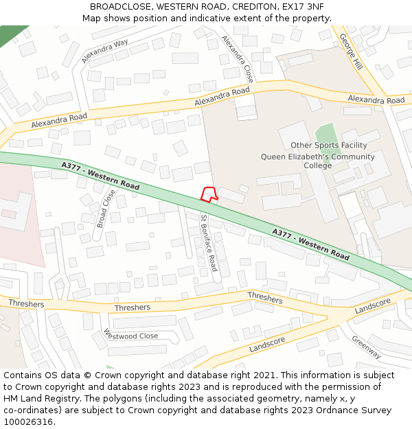 BROADCLOSE, WESTERN ROAD, CREDITON, EX17 3NF: Location map and indicative extent of plot