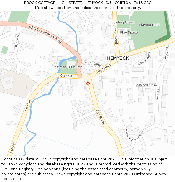 BROOK COTTAGE, HIGH STREET, HEMYOCK, CULLOMPTON, EX15 3RG: Location map and indicative extent of plot