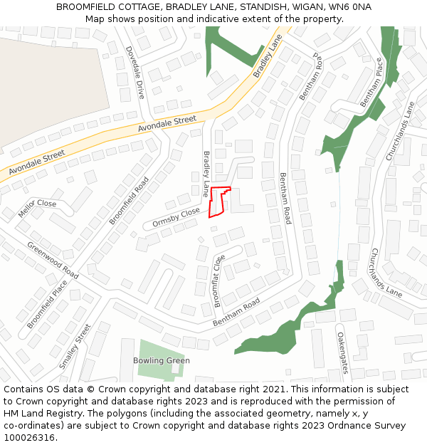 BROOMFIELD COTTAGE, BRADLEY LANE, STANDISH, WIGAN, WN6 0NA: Location map and indicative extent of plot