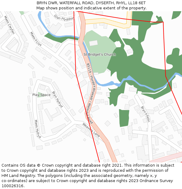 BRYN DWR, WATERFALL ROAD, DYSERTH, RHYL, LL18 6ET: Location map and indicative extent of plot