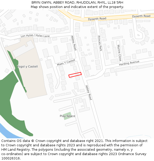 BRYN GWYN, ABBEY ROAD, RHUDDLAN, RHYL, LL18 5RH: Location map and indicative extent of plot