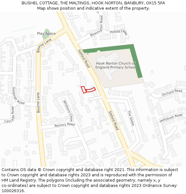 BUSHEL COTTAGE, THE MALTINGS, HOOK NORTON, BANBURY, OX15 5FA: Location map and indicative extent of plot