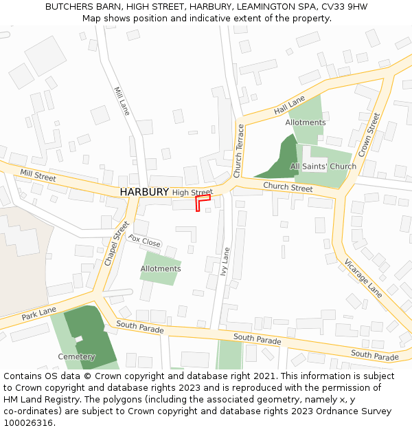 BUTCHERS BARN, HIGH STREET, HARBURY, LEAMINGTON SPA, CV33 9HW: Location map and indicative extent of plot