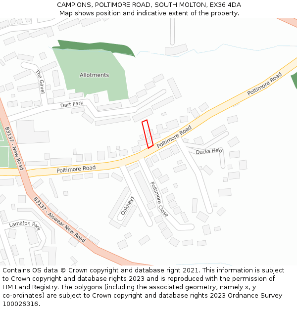 CAMPIONS, POLTIMORE ROAD, SOUTH MOLTON, EX36 4DA: Location map and indicative extent of plot