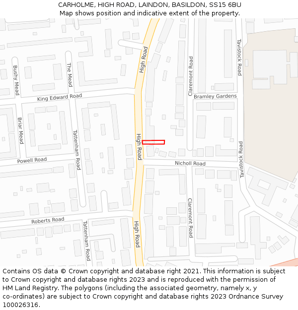 CARHOLME, HIGH ROAD, LAINDON, BASILDON, SS15 6BU: Location map and indicative extent of plot