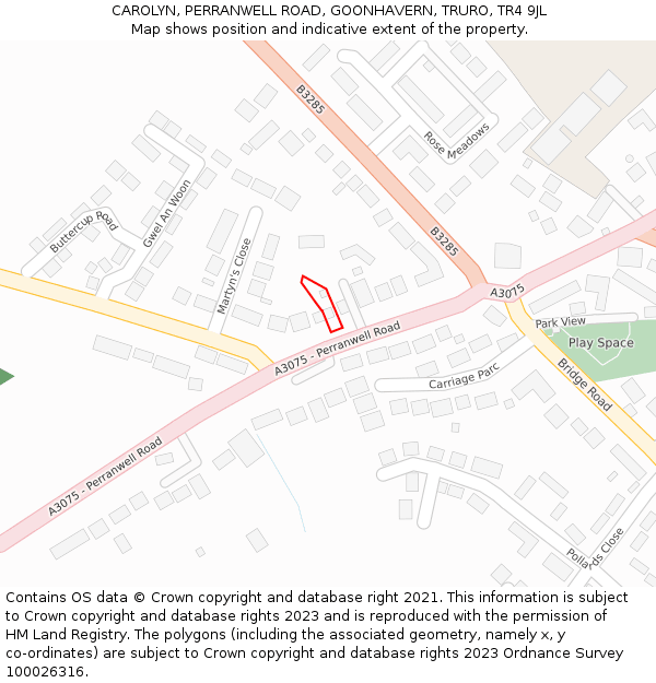 CAROLYN, PERRANWELL ROAD, GOONHAVERN, TRURO, TR4 9JL: Location map and indicative extent of plot