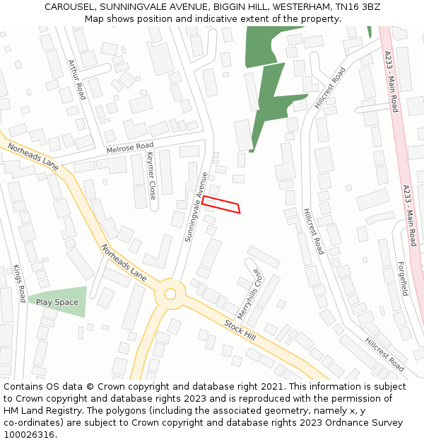 CAROUSEL, SUNNINGVALE AVENUE, BIGGIN HILL, WESTERHAM, TN16 3BZ: Location map and indicative extent of plot