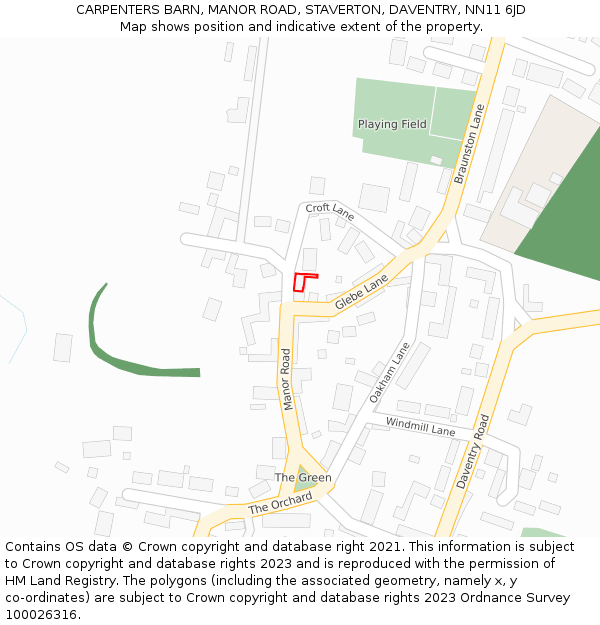 CARPENTERS BARN, MANOR ROAD, STAVERTON, DAVENTRY, NN11 6JD: Location map and indicative extent of plot