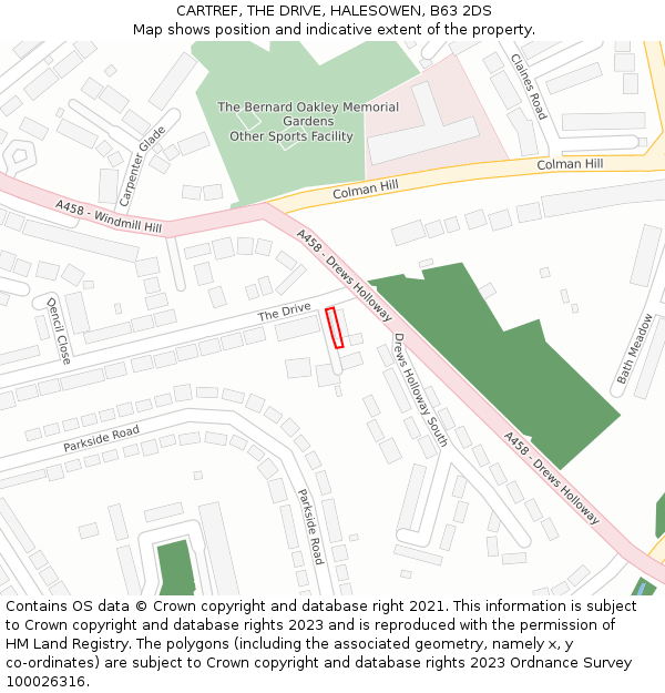 CARTREF, THE DRIVE, HALESOWEN, B63 2DS: Location map and indicative extent of plot