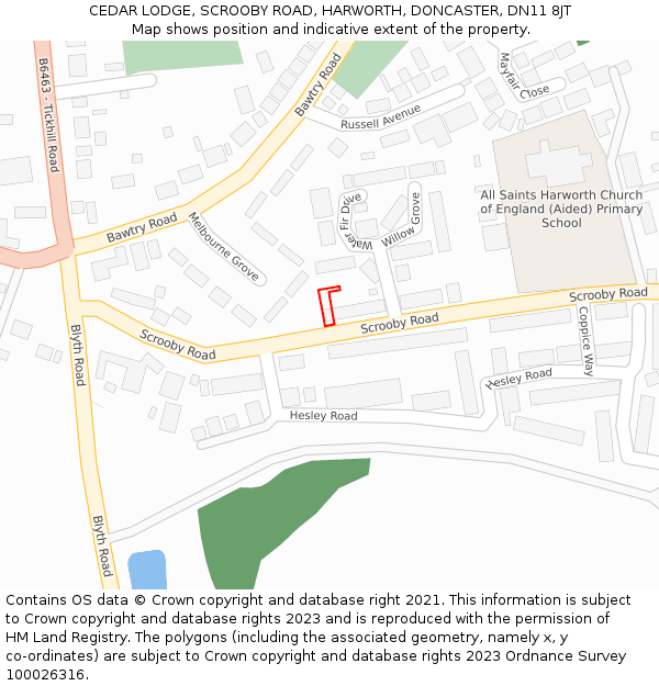 CEDAR LODGE, SCROOBY ROAD, HARWORTH, DONCASTER, DN11 8JT: Location map and indicative extent of plot
