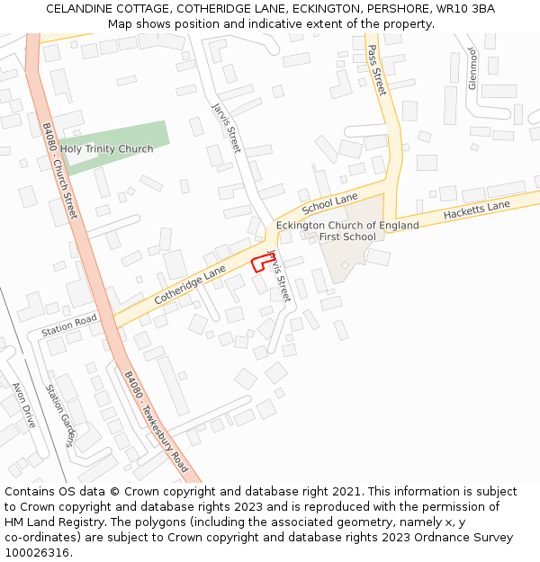 CELANDINE COTTAGE, COTHERIDGE LANE, ECKINGTON, PERSHORE, WR10 3BA: Location map and indicative extent of plot