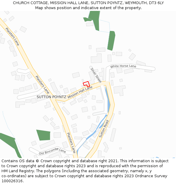 CHURCH COTTAGE, MISSION HALL LANE, SUTTON POYNTZ, WEYMOUTH, DT3 6LY: Location map and indicative extent of plot