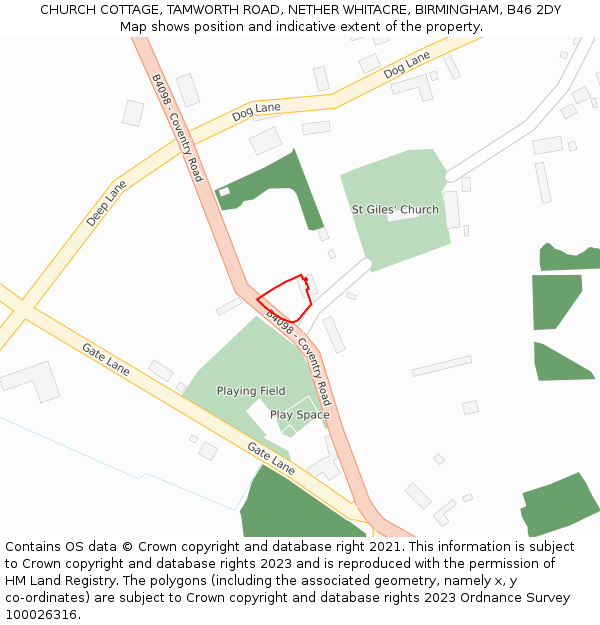 CHURCH COTTAGE, TAMWORTH ROAD, NETHER WHITACRE, BIRMINGHAM, B46 2DY: Location map and indicative extent of plot