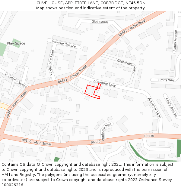 CLIVE HOUSE, APPLETREE LANE, CORBRIDGE, NE45 5DN: Location map and indicative extent of plot