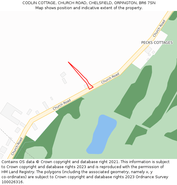 CODLIN COTTAGE, CHURCH ROAD, CHELSFIELD, ORPINGTON, BR6 7SN: Location map and indicative extent of plot