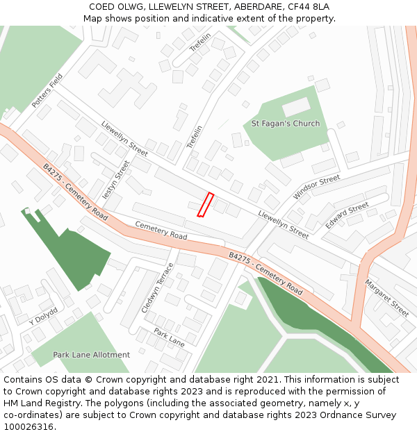 COED OLWG, LLEWELYN STREET, ABERDARE, CF44 8LA: Location map and indicative extent of plot