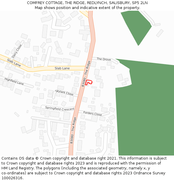 COMFREY COTTAGE, THE RIDGE, REDLYNCH, SALISBURY, SP5 2LN: Location map and indicative extent of plot