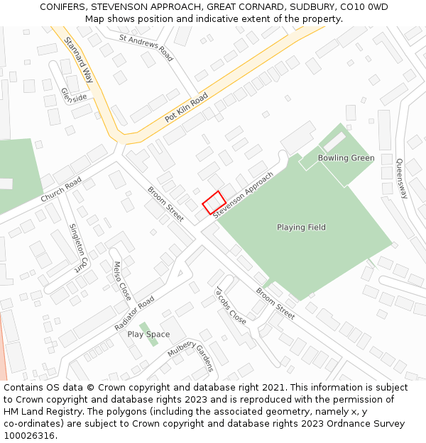 CONIFERS, STEVENSON APPROACH, GREAT CORNARD, SUDBURY, CO10 0WD: Location map and indicative extent of plot