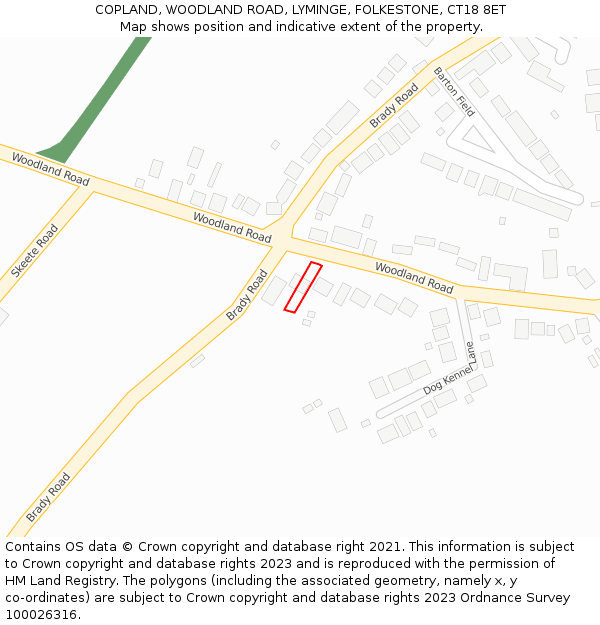 COPLAND, WOODLAND ROAD, LYMINGE, FOLKESTONE, CT18 8ET: Location map and indicative extent of plot